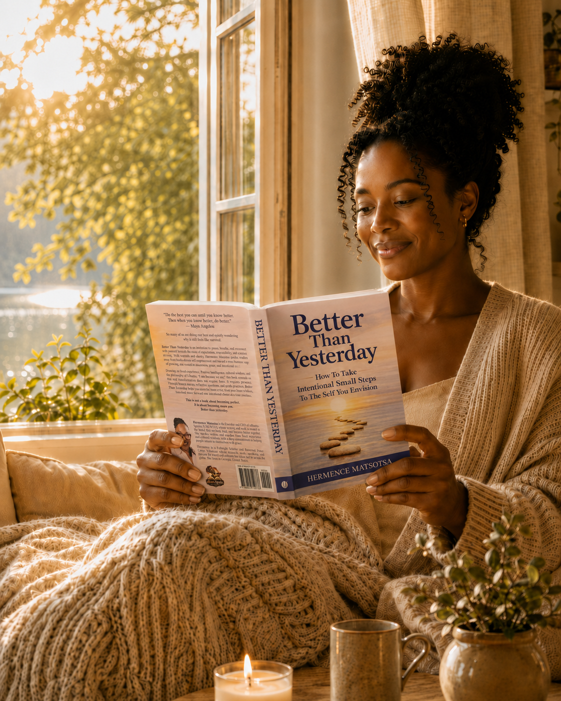 Woman reading Better Than Yesterday by a sunlit window