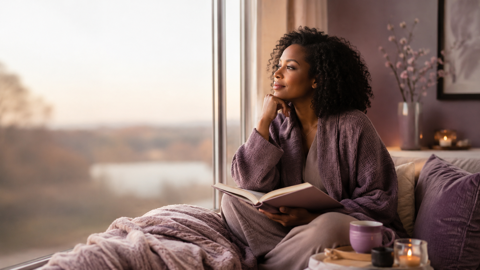 Woman sitting by a window with a book in a quiet reflective moment